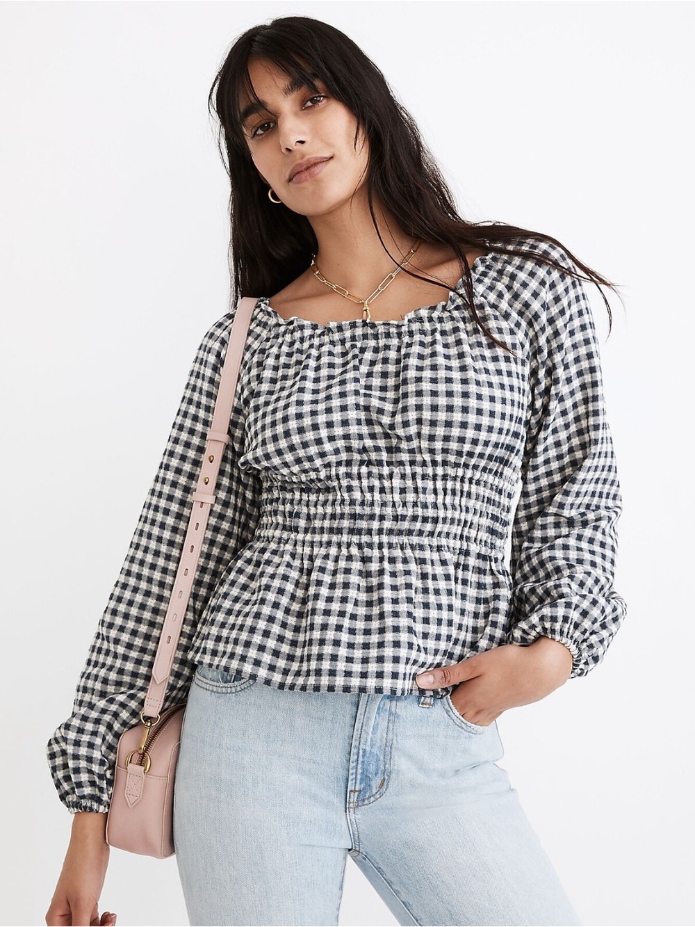Madewell Sophia Textured Gingham Smocked Peplum Blouse Size Medium